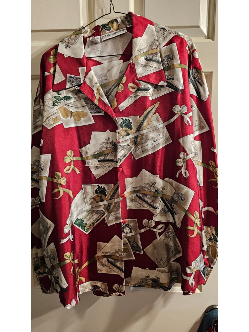NWOT Vtg JH Collectibles Red Silk = Postcard print blouse - size 16
